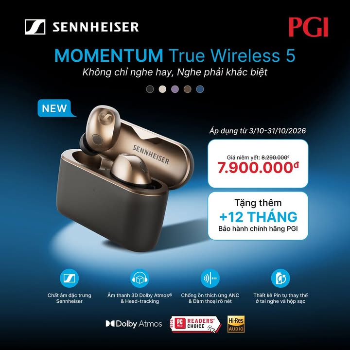 KHÔNG CHỈ NGHE HAY, NGHE PHẢI KHÁC BIỆT: CHÍNH THỨC MỞ BÁN SIÊU PHẨM SENNHEISER MOMENTUM TRUE WIRELESS 5 TẠI CELLO! ????⚡???????? Sau chuỗi ngày ngóng đợi của cộng đồng audiophile, thế hệ flagship tai nghe không dây đỉnh cao tiếp theo từ thương hiệu âm thanh Đức danh tiếng – Sennheiser Momentum True Wireless 5 – đã chính thức mở bán với chương trình ưu đãi độc quyền cực kỳ bùng nổ từ nhà phân phối PGI! ???? THÔNG TIN CHƯƠNG TRÌNH MỞ BÁN: Thời gian áp dụng: Từ ngày 03/10/2026 đến hết ngày 31/10/2026. Giá niêm yết: 8.290.000đ Giá ưu đãi mở bán: 7.900.000đ ???? Đặc quyền mở bán số 1: TẶNG THÊM +12 THÁNG BẢO HÀNH CHÍNH HÃNG PGI (nâng tổng thời gian bảo hành an tâm tuyệt đối)! ???? BƯỚC ĐỘT PHÁ CÔNG NGHỆ TRÊN MOMENTUM TRUE WIRELESS 5: Chất âm đặc trưng Sennheiser & Chuẩn Hi-Res Audio: Tái hiện dải âm trường khoáng đạt, âm trầm kiểm soát tinh tế cùng dải trung và cao mượt mà, chân thực theo chuẩn phòng thu. Âm thanh 3D Dolby Atmos® & Head-tracking: Trải nghiệm âm thanh vòm sống động định vị chuyển động đầu người nghe, đưa bạn đắm chìm vào không gian rạp hát và sân khấu thực thụ. Chống ồn thích ứng ANC & Đàm thoại rõ nét: Tự động điều chỉnh mức khử ồn theo môi trường xung quanh kết hợp hệ thống micro cao cấp giúp bắt trọn giọng nói trong trẻo dù ở nơi đông người. Thiết kế Pin tự thay thế đột phá: Thiết kế thông minh cho phép tự thay thế pin ở cả tai nghe và hộp sạc, nâng cao độ bền bỉ và tuổi thọ sử dụng lâu dài của thiết bị. Được bảo chứng quốc tế: Đạt giải thưởng danh giá PC Mag Readers' Choice 2026. ???? HÀNG SẴN SÀNG TẠI CELLO – ĐỦ MÀU SẮC NGUYÊN SEAL CHÍNH HÃNG 100%! Mời anh em ghé ngay showroom Cello hôm nay để là những người đầu tiên trên tay, nghe thử chất âm kiệt xuất và rinh ngay siêu phẩm với mức giá ưu đãi cùng trọn bộ quà tặng bảo hành mở rộng. ???? Inbox ngay cho Cello để đặt trước phiên bản màu sắc ưng ý và giữ suất ưu đãi mở bán giới hạn nhé! CELLO - THIẾT BỊ CÔNG NGHỆ & ÂM THANH CHÍNH HÃNG ???? Liên hệ ngay Shop Cello để được tư vấn và giao tận nơi! ???? Inbox ngay cho Cello để được tư vấn thêm các sản phẩm nhé! ------------------------------- ©️Cello Technology ???? 13 Nguyễn Văn Tráng, Phường Bến Thành, Quận 1, TP.HCM ???? 0888054168 ???? www.cello.vn ???? support@cello.vn bình luận để Cello tư vấn chi tiết và báo giá ưu đãi nhất cho bạn ???? Trải nghiệm trực tiếp tại showroom Cello #Cello #Sennheiser #MomentumTrueWireless5 #MTW5 #SennheiserMomentum #TrueWireless #MoBan #DolbyAtmos #HiResAudio #TaiNgheChinhHang
